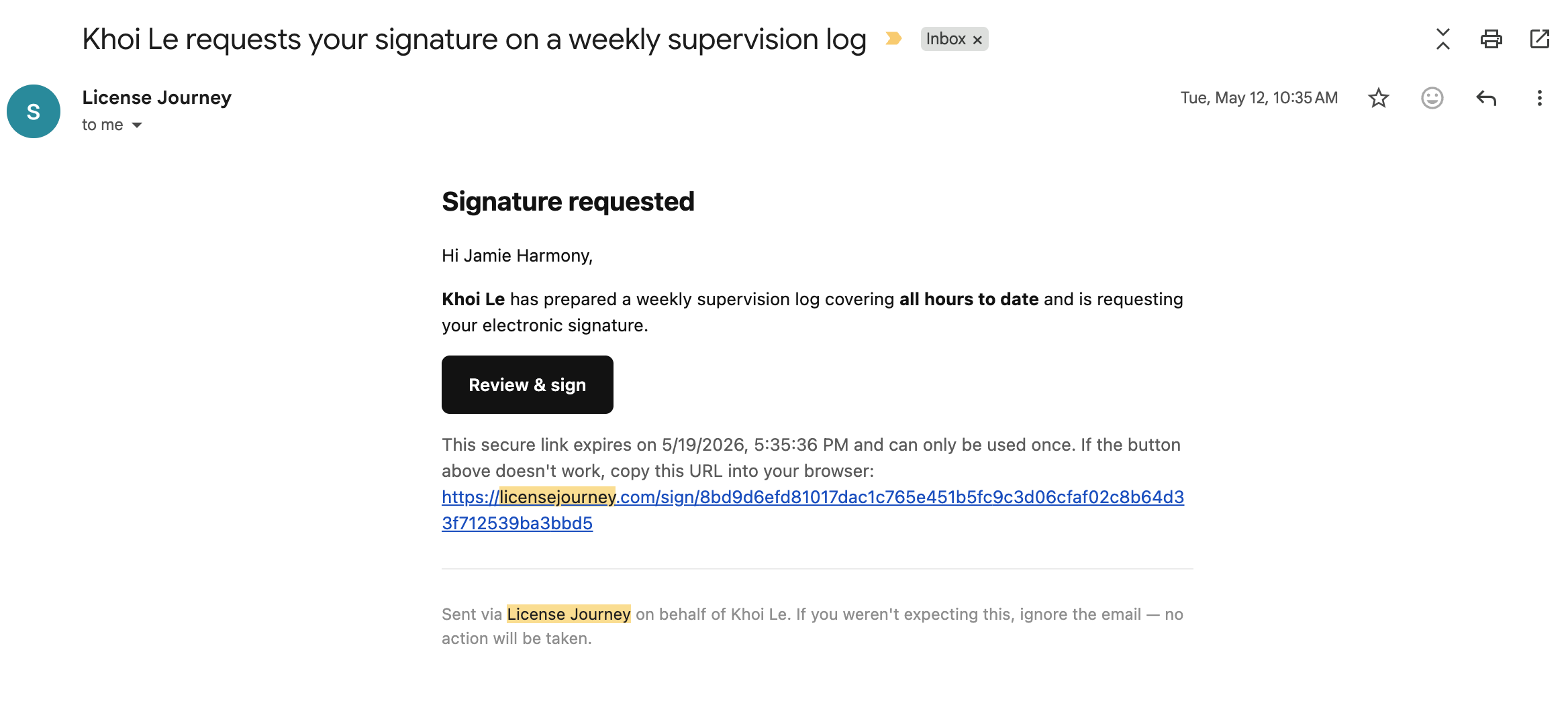 The signature-request email a supervisor receives from License Journey, with a Review and sign button