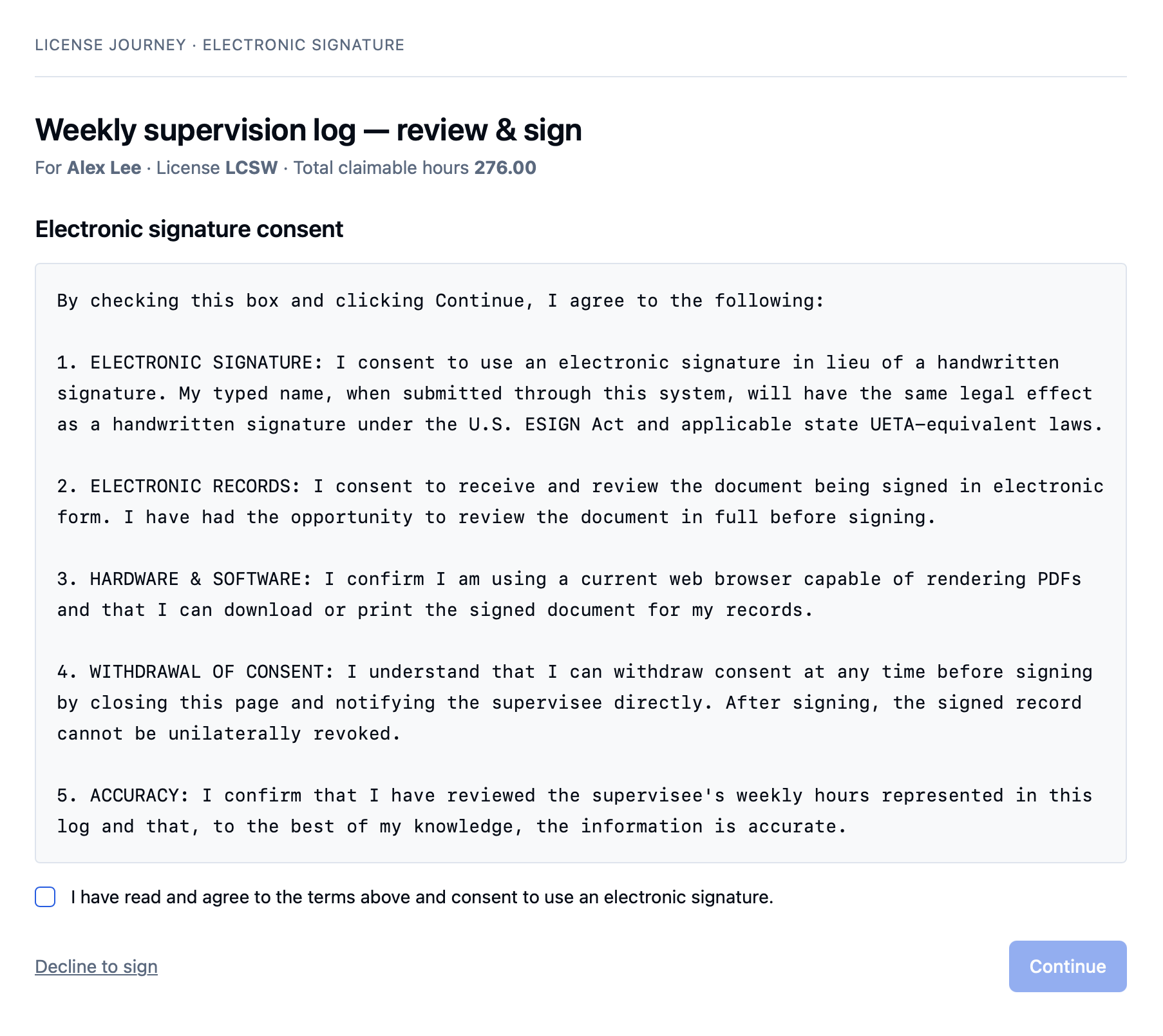 The electronic-signature consent step listing the ESIGN and UETA consent terms with an agreement checkbox