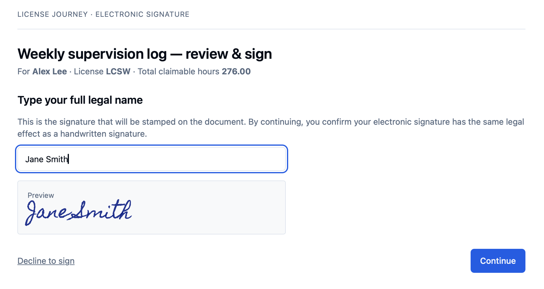 The type-your-full-legal-name step showing a typed name with a live handwriting-style signature preview