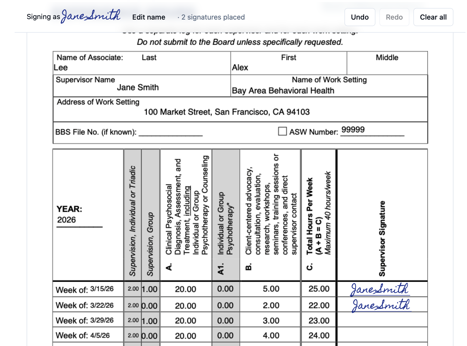 The signing step showing the weekly supervision log with a signature placed on Supervisor Signature rows and an Undo, Redo, and Clear all toolbar